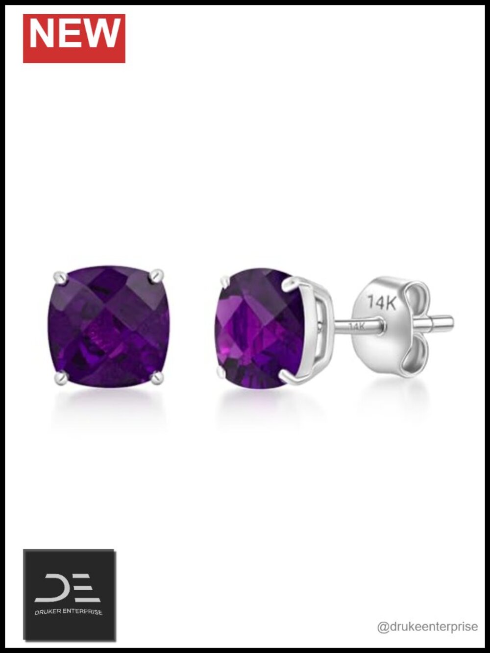 14k White Gold 6mm Genuine Amethyst Stud Earrings Hypoallergenic